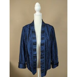 Chicos Blue Crinkle Sequin Lace Open Front Topper Jacket Size 1 M 866